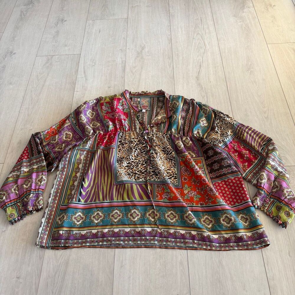 JOHNNY WAS 100% SILK PATCH FINN SILK TOP size L